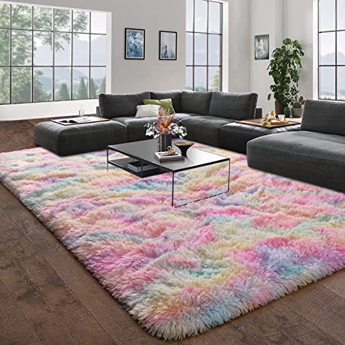 DweIke Fluffy Modern Area Rugs for Living Room Bedroom, 4x6 ft Plush High Pile Rainbow Rug for Kids Girls Room Nursery Home Decor, Upgrade Non-Slip Girls Bedroom Soft Indoor Rug, Rainbow