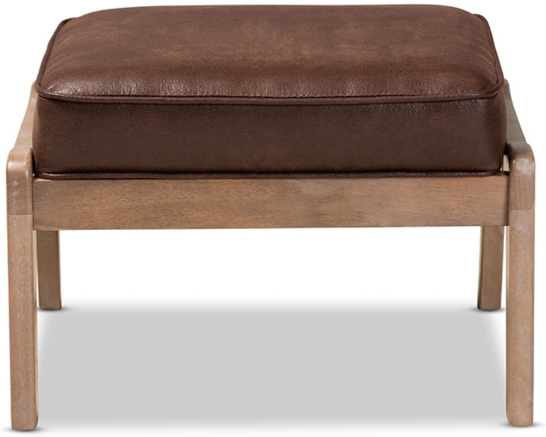 Baxton Studio Sigrid Mid-Century Modern Dark Brown Faux Leather Effect Fabric Upholstered Antique Oak Finished Wood Ottoman