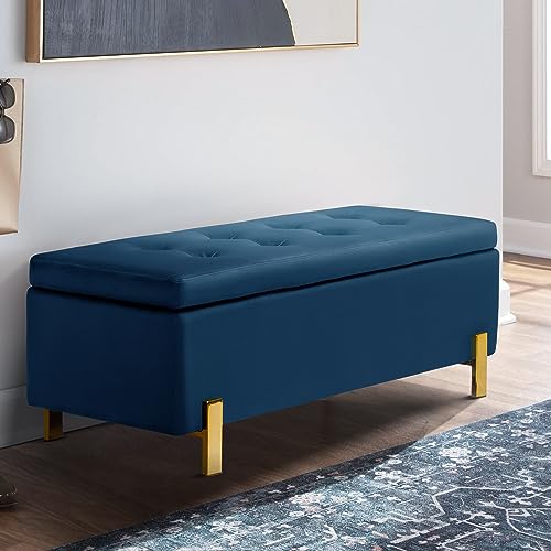 Velvet Storage Bench, Upholstered Tufted Storage Ottoman with Golden Legs, End of Bed Padded Entayway Bench for Living Room, Bedroom, Hallway-40 L x 15.7