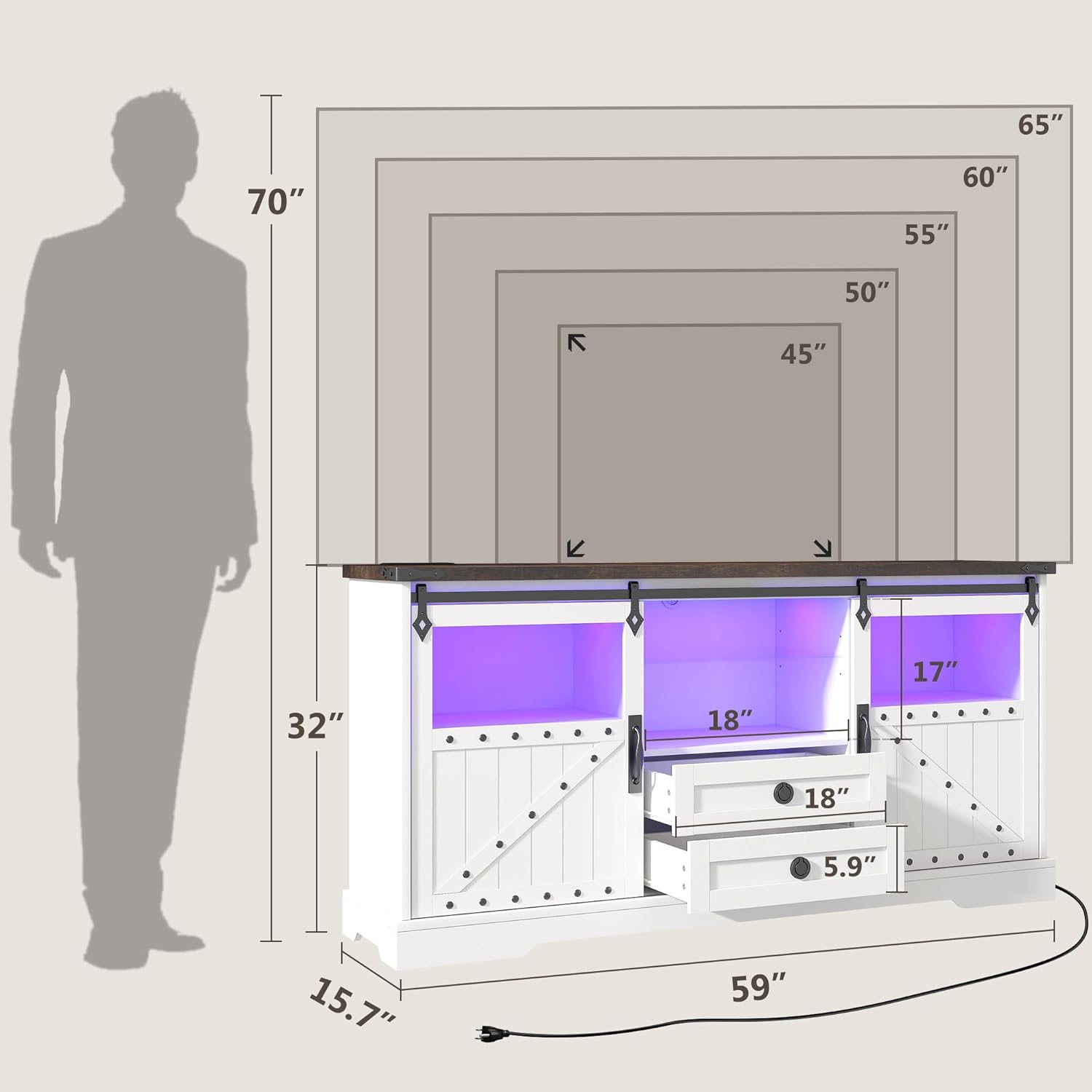 Alohappy Farmhouse LED TV Stand w/Charging Station & USB C Ports, White TV Stand for 65 inch TV Entertainment Center w/Outlets, Sliding Barn Door TV Media Console Table for Living Room, Bedroom 59