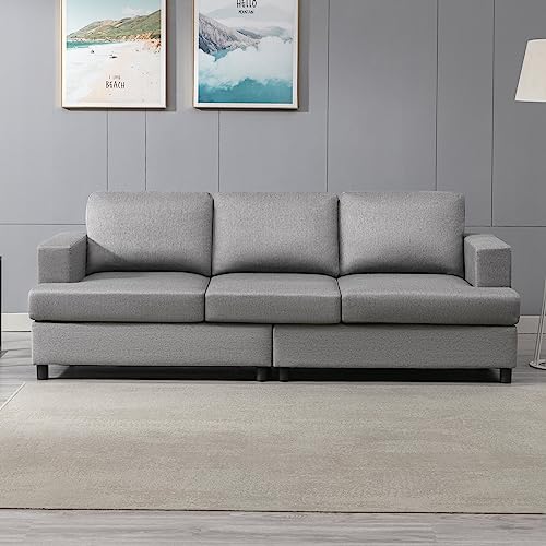 BALUS Upholstered 3 Seat Couch | 91 Inches Modern Comfy Sectional Sofa with Linen Fabric | 3-Seater Couch for Living Room Office Apartment Resting - Light Grey