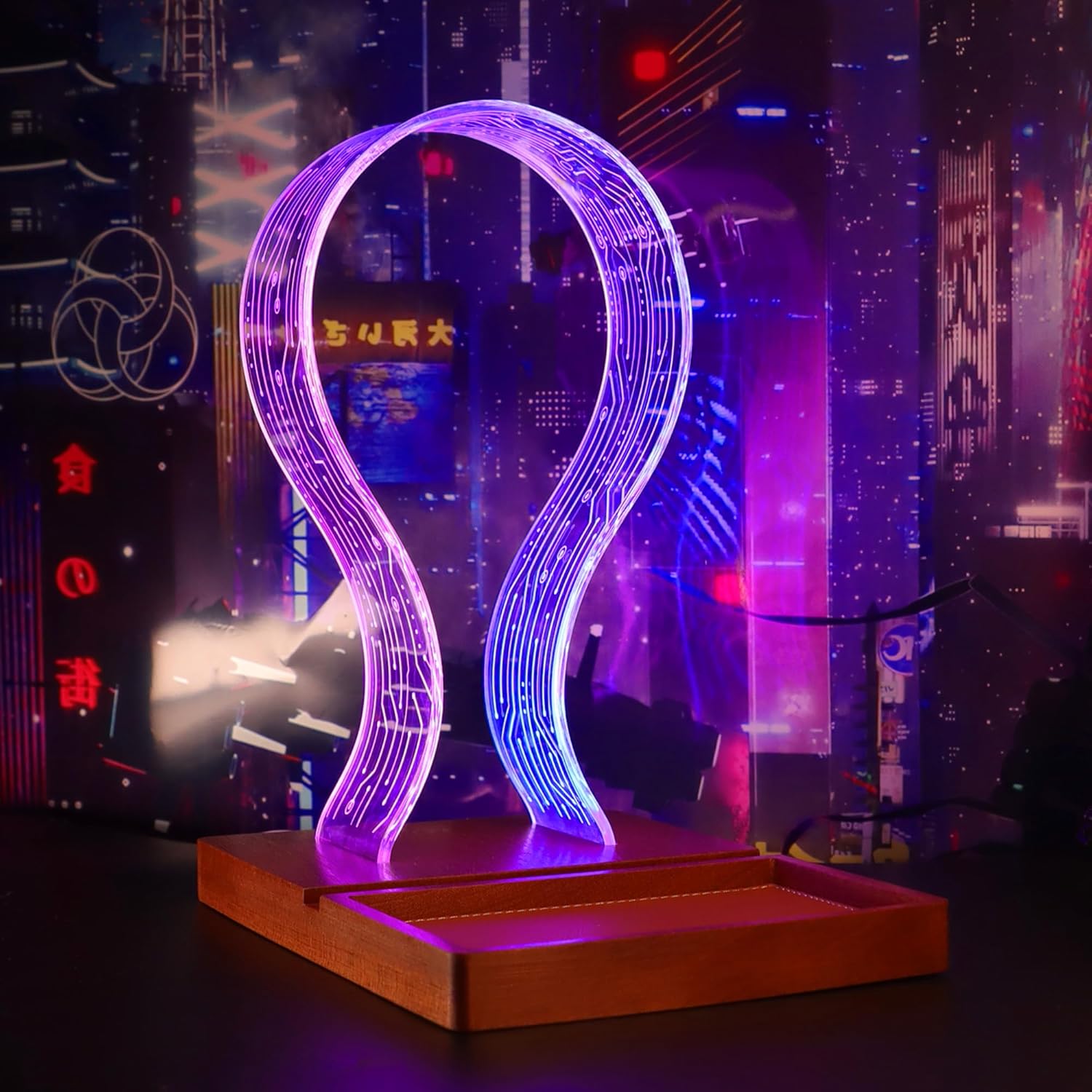 YuanDian Gamer Gifts for Teenage Boy, LED Gaming Headphone Phone Stand with Tray - Wood Holder with Blue Pink LED Night Light, Desk Organizer, Ideal Gift for Gamers, Men, and Music Lovers