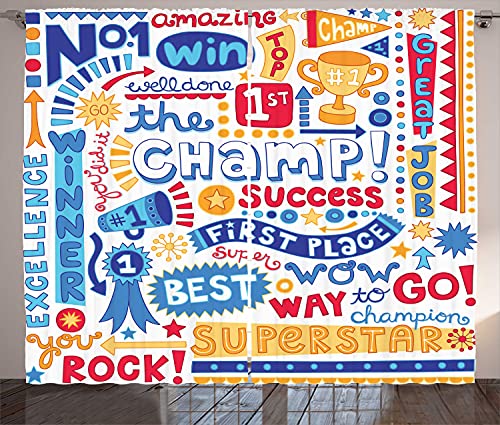Ambesonne Cartoon Curtains, Success Typography Champ Win Best Superstar Way to Go You Rock Top Achievement, Living Room Bedroom Window Drapes 2 Panel Set, 108