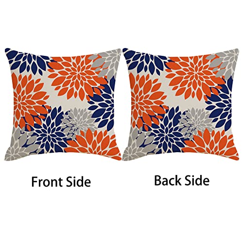 Navy Blue and Teal Gray Pillow Covers 18x18 Inch Outdoor Spring Summer Dahlia Floral Throw Pillows Cover Set of 2 Modern Geometric Linen Decorative Pillow Case for Home Couch Bed Sofa Decor