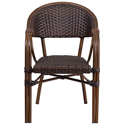 EMMA + OLIVER 3 Pack Cocoa Rattan Restaurant Patio Chair with Bamboo-Aluminum Frame