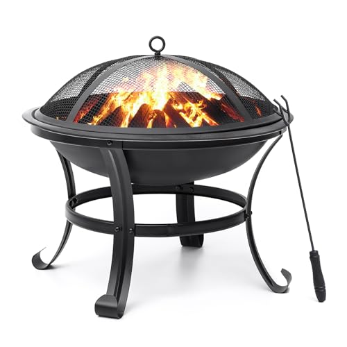SINGLYFIRE 26 Inch Fire Pit for Outside Outdoor Wood Burning Firepit Bowl Heavy Duty Bonfire Pit Steel Firepit for Patio Backyard Camping Deck Picnic Porch with Spark Screen,Log Grate,Poker