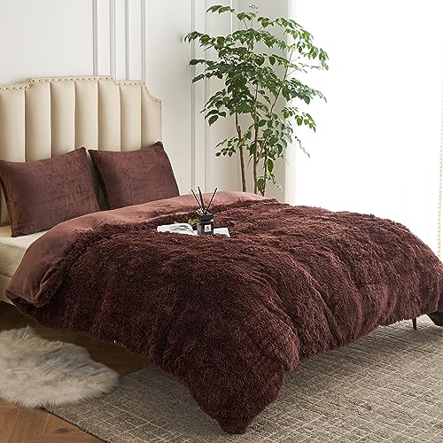CHOSHOME Plush Shaggy Duvet Cover Queen Size, 3 PCS Fluffy Comforter Fuzzy Flannel Bedding Sets(1 Faux Fur Duvet Cover + 2 Pillowcases), Zipper Closure & 8 Corner Ties, Tie-Dye Light Grey