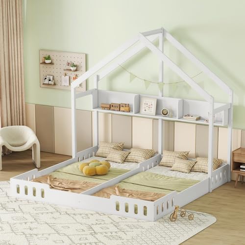 Twin House Bed for Kids, Wood Double Twin Beds Frame with Shelves and Guardrail, Monressori Floor Bed Two Shared Beds for Kids, Creamy White