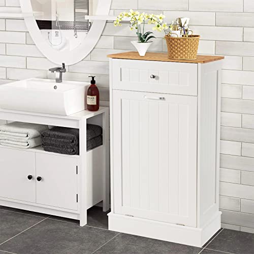 Tilt Out Trash Cabinet, Kitchen Freestanding Wood Recycling Trash Cabinet with Drawer & Cutting Board, Recycling Cabinet with Hideaway Drawer, 10 Gallon Tilt Out Trash Cabinet Kitchen(White)