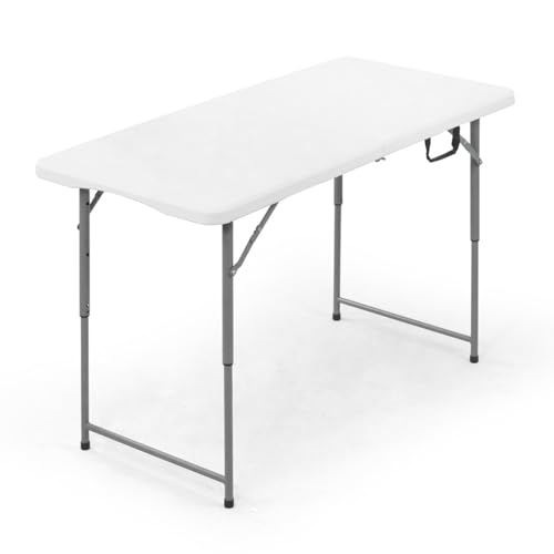 Fencer Wire 4 FT White Foldable Table, Portable Folding Table for Indoor & Outdoor, Utility Bi-Fold Table for Home, Office, Camping, BBQ, Heavy Duty Banquet Table with Handle and Adjustable Legs