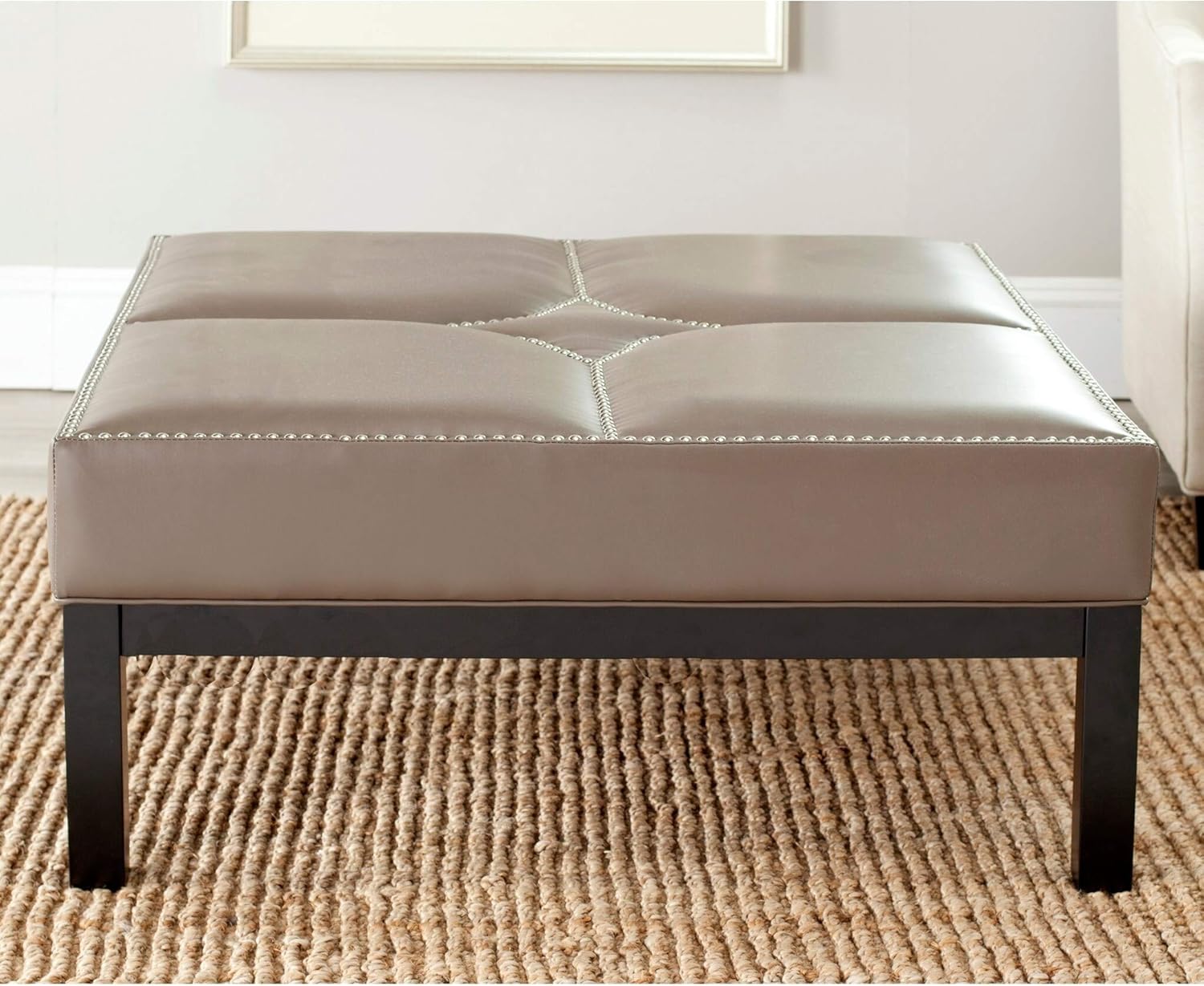 Clay Grey Leather Cocktail Ottoman Transitional Solid Rectangle Fabric Upholstered Wood 1 Piece Nailheads