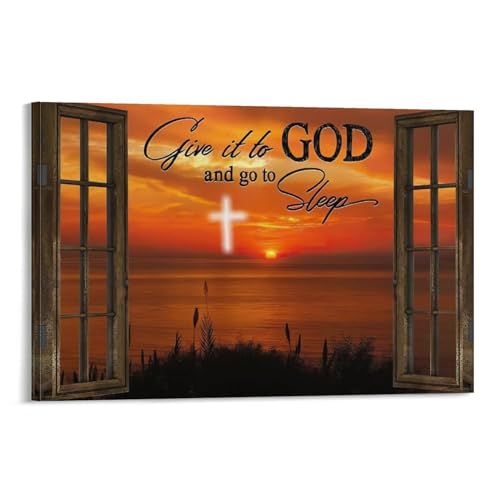 Christian Wall Decor Poster Cross Sunset, Give It to God And Go to Sleep Poster Canvas Wall Art Posters For Room Aesthetic And DecorCanvas Painting Wall Art Poster for Bedroom Living Room Decor 16x24i
