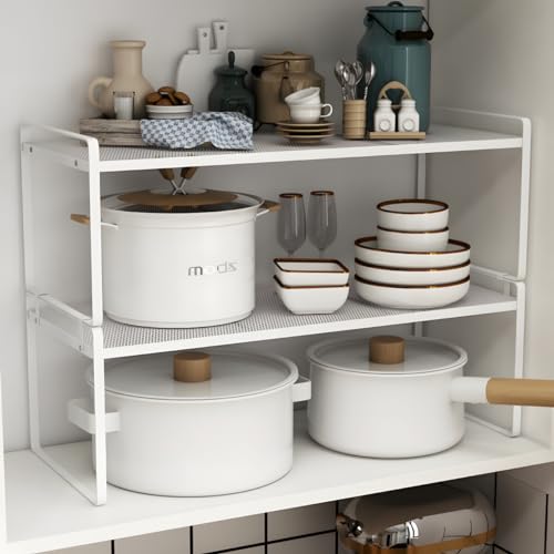 2 Pack Cabinet Shelf Mesh Storage Organizer Stackable Countertop Racks for Kitchen Pantry Cupboard Under Sink Office Table Coated Heavy Duty Metal Frame Nonslip (Black)