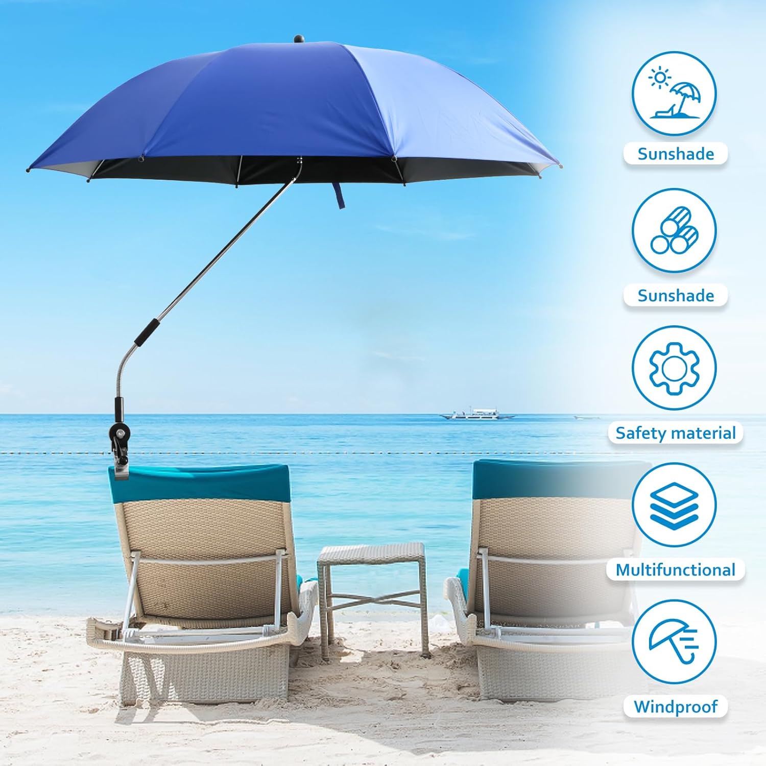 42 Inch Beach Umbrella with Universal Clamp, 360° Adjustable Outdoor UV Protection Umbrella Camping Chair Umbrella, Windproof Outdoor Patio Umbrella for Patio Garden Beach Pool Backyard, As