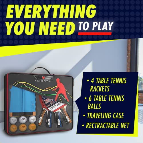 NIBIRU SPORT Ping Pong Paddles Set - Professional Table Tennis Rackets and Balls, Retractable Net with Posts and Storage Case - Pingpong Paddle and Game Table Accessories
