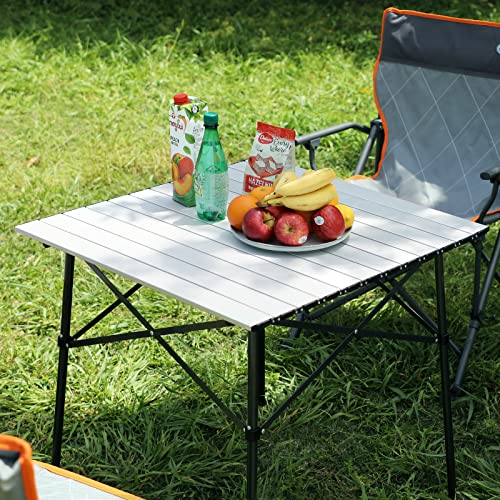 Portal Aluminium Folding Camping Table Square Roll Up Top 4 Person Compact Garden Table with Carry Bag for Picnic Camp Backyard BBQ, Silver