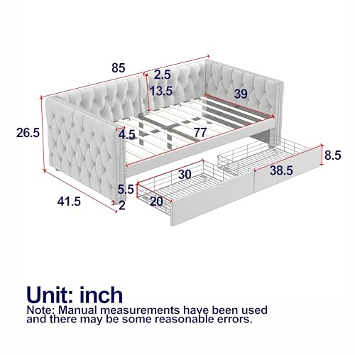 SOFTSEA Twin Size Upholstered Daybed with 2 Storage Drawers, Velvet Sofa Bed with Button on Back and Copper Nail on Waved Shape Arms, Beige