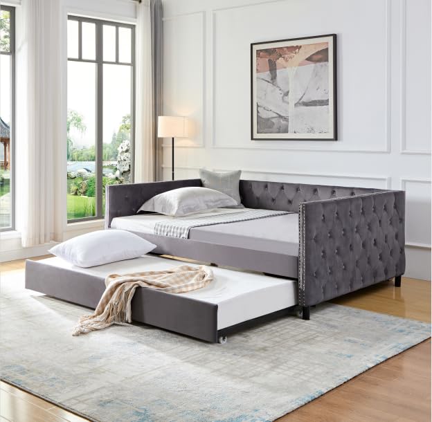 SOFTSEA Twin Size Daybed, Modern Velvet Upholstered Sofa Bed with Button Tufted and 2 Storage Drawers for Bedroom, Living Room, Guest Room, Beige