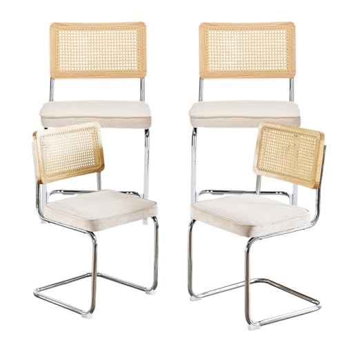 Rattan Back Velvet Dining Chair Set of 2 Modern Breuer Designed Stainless Chrome Base Armless Upholstered Dining Chair for Dining Room, Kitchen Island(Olive Green)