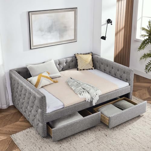Antetek Twin Size Upholstered Daybed, Modern Linen Button Tufted Sofa Day Bed Frame w/Drawers Copper Nail for Living Room, Apartment, Guest Room, No Box Spring Needed, Beige