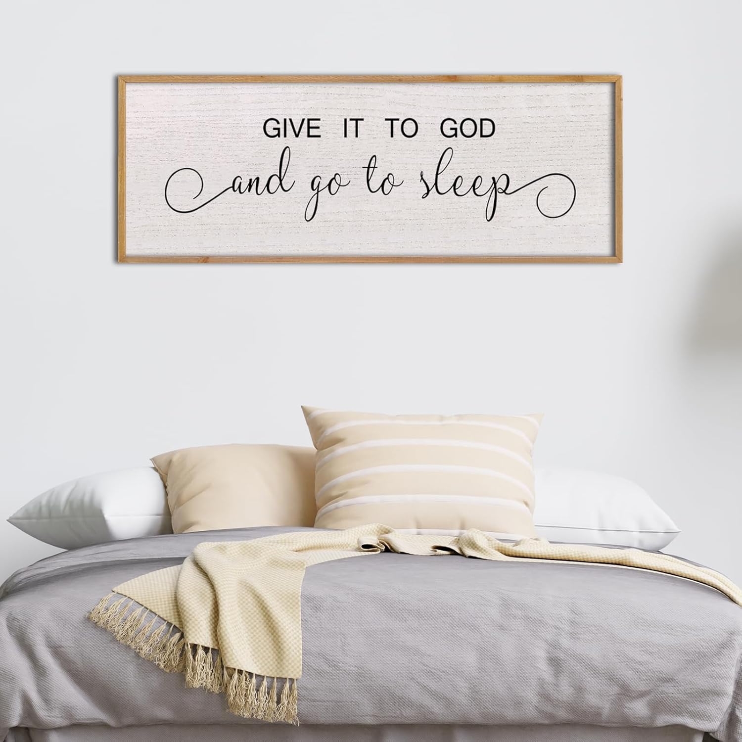 Give It to God and Go to Sleep Wall Decor 40×15 Inch, Large Farmhouse Master Room Above Bed Sign, Rustic Guest Room Wood Framed Beautiful And Simple Hanging Over Bed Wall Art(Wood)