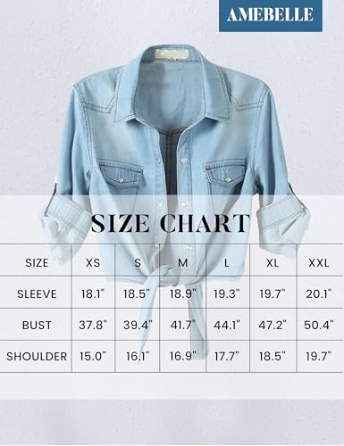 AMEBELLE Women's Roll Up 3/4 Sleeve Tie Front Knot Shirt Chambray Denim Crop Top
