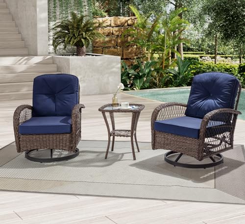 IMUsee Patio Furniture Set, 3 Pieces Swivel Rocking Chairs Outdoor Wicker Patio Bistro Set with Thick 4