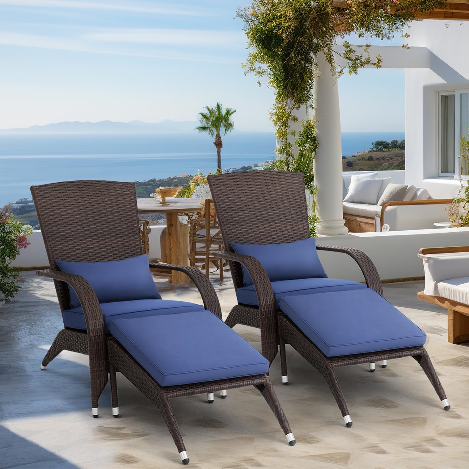 Outdoor Patio Wicker Adirondack Chair with Ottoman Set of 2 Rattan Fire Pit Chairs Oversized Comfy Relax Patio Chair with Soft Cushion Low Deep Seating Tall Curved Backrest for Outside Deck Porch Navy