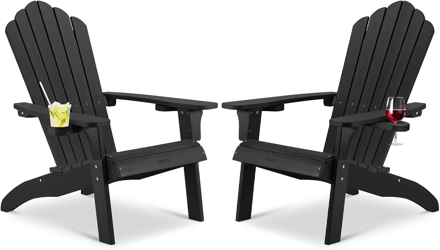 Cecarol Plastic Adirondack Chairs Set of 2, Outdoor Fire Pit Chair with Cup Holder, Adirondack Patio Chair Weather Resistant for Outside, Porch, Lawn, Garden- AC01S, Black