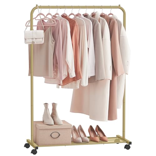 SONGMICS Clothes Rack with Wheels, Clothing Rack for Hanging Clothes, 25.4 mm Metal Garment Rack with Dense Mesh Storage Shelf, 110 lb Load Capacity, 2 Brakes, Gray UHSR025G01