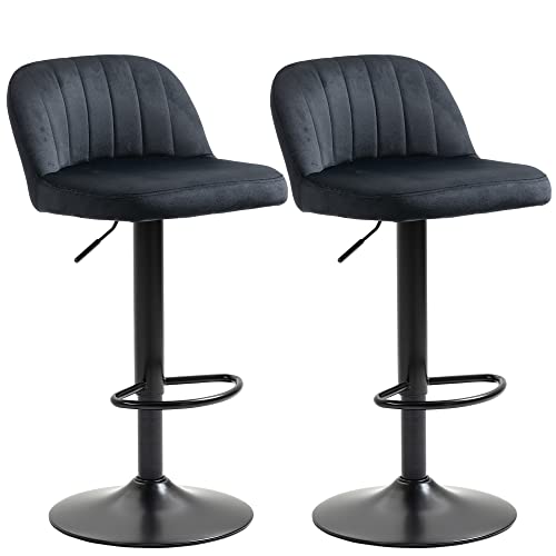 HOMCOM Adjustable Bar Stools Set of 2, Velvet Counter Height Barstool, Upholstered Kitchen Stool with Swivel Seat, Steel Frame, Footrest for Kitchen Counter and Dining Room, ‎Black