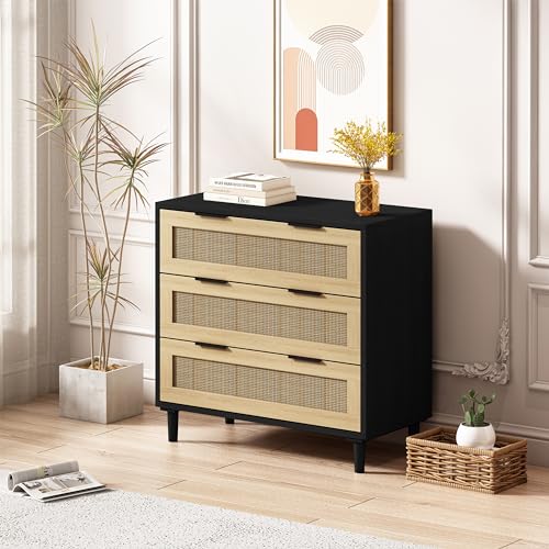 Storage Cabinet Rattan Dresser with 6 Drawers,Wood Wardrobe Closet Sideboard W/Metal Legs,for Bedroom,Living Room,Hallway,Entryway,Black, 47