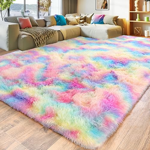 Super Fluffy Rug for Bedroom, 4x6 Shag Fuzzy Area Rug for Living Room Bedroom, Plush Soft Carpet for Girls Boys Kids, Non Slip Throw Rugs for Dorm, Modern Home Decor Aesthetic, Rainbow