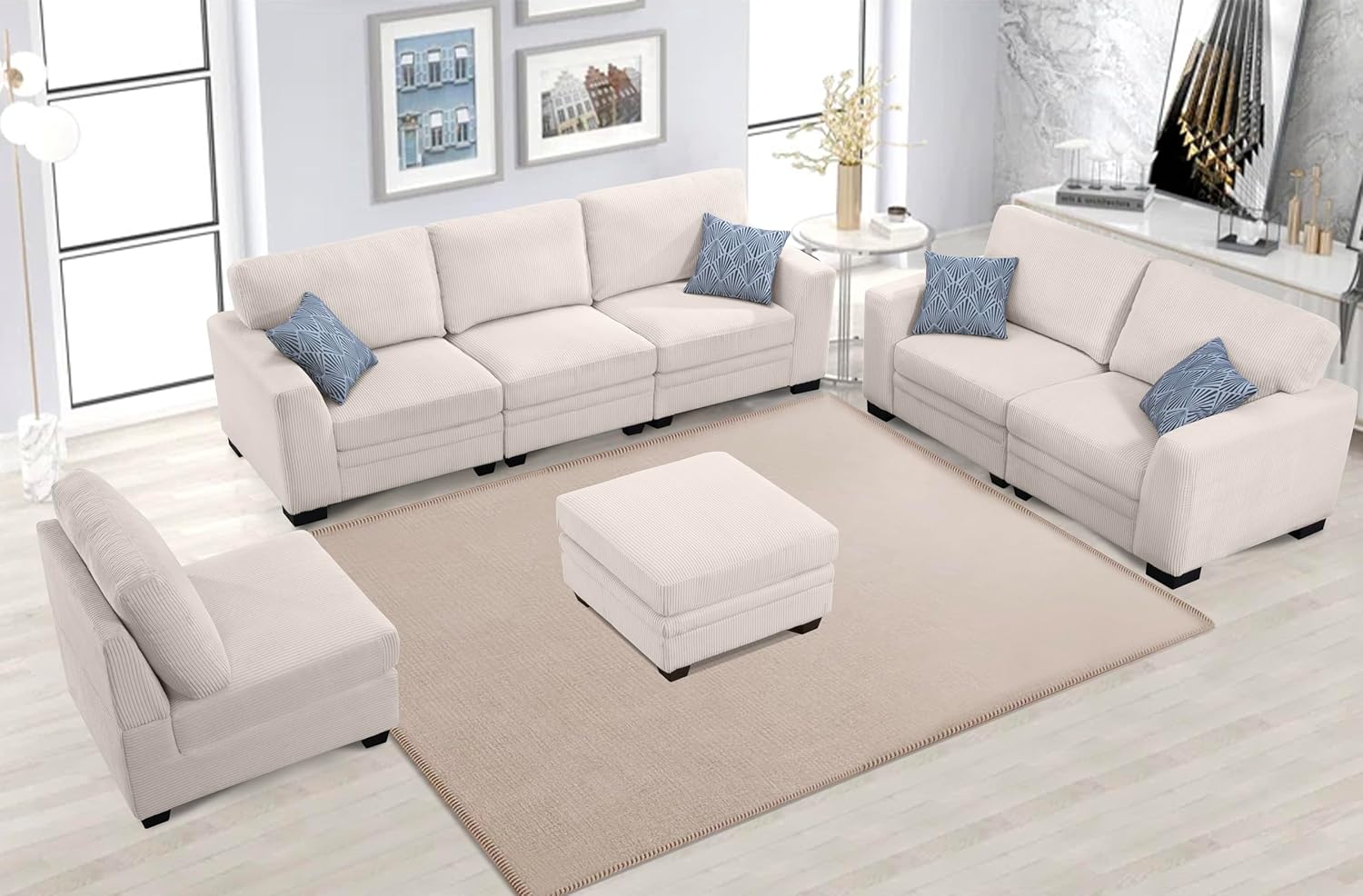 7PCS Corduroy Flexible Combination Sofa Living Room Set Sectional, Cream