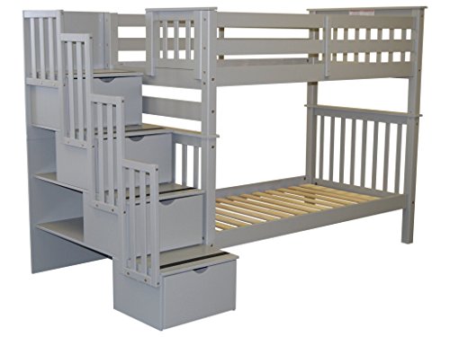 Bedz King Tall Stairway Bunk Beds Twin over Twin with 4 Drawers in the Steps, White