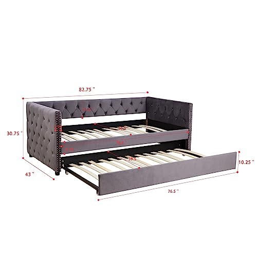 Flieks Twin Velvet Upholstered Daybed with Twin Trundle, Twin Size Upholstered Tufted Sofa Bed with Nail Head Trim, Sofa Bed Trundle Daybed with Wood Frame, Beige