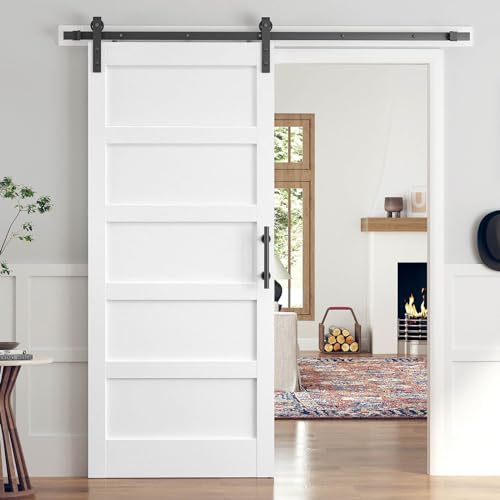 32x84 Inch White Sliding Barn Door Slab with 5.5ft Hardware Kit Included, 5-Panel, MDF Wood Panel Covered with Water-Proof Scratch-Proof PVC Surface, Simple DIY Assembly