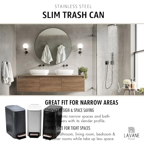 6 Liter / 1.6 Gallon Slim Bathroom Trash Can with Lid Soft Close, Stainless Steel Small Grey Garbage Can with Removable Inner Bucket & Step Pedal for Toilet Kitchen Laundry Bedroom Hotel