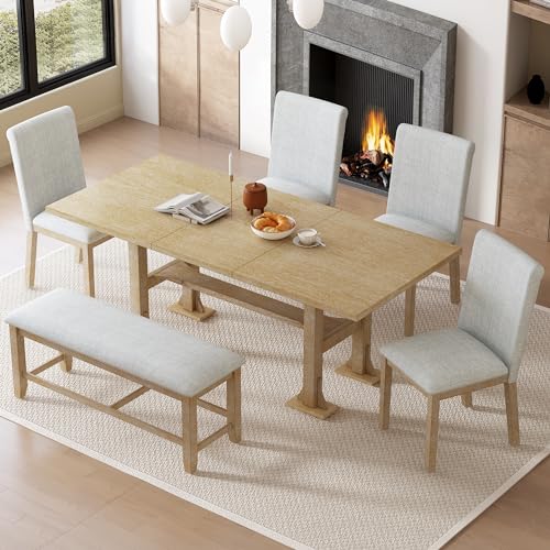 Farmhouse Kitchen Table Set with 1 Upholstered Bench and 4 Dining Chairs, 6-Piece Wood Dining Table Set for Kitchen, Dining Room, Dinette, Breakfast Nook, Grey + White