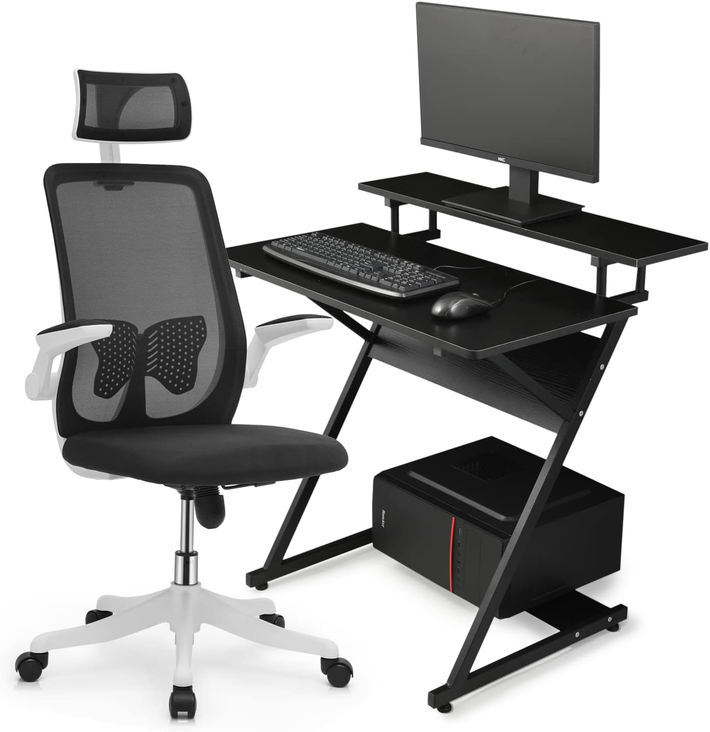 Magshion Desk and Chair Set, 3 Tier Compact Study Sofa Side Bed Table and 360 Swivel Breathable Mesh Desk Chair with Headrest for Home Office