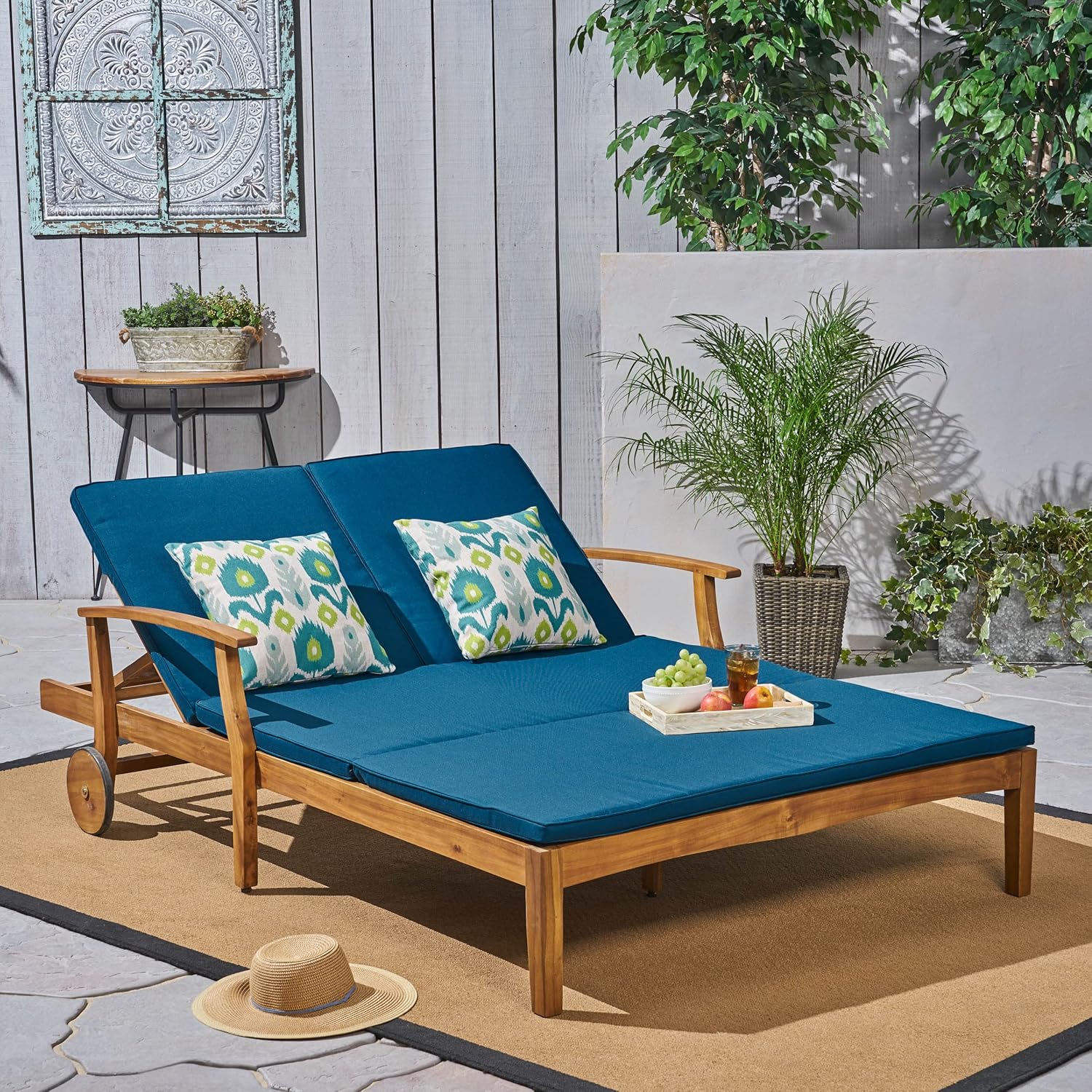 Outdoor Patio Daybed Sunbed with Adjustable Backrest, All Weather Acacia Wood Frame Double Chaise Lounge Reclining with Cushions for Garden Balcony Poolside Deck