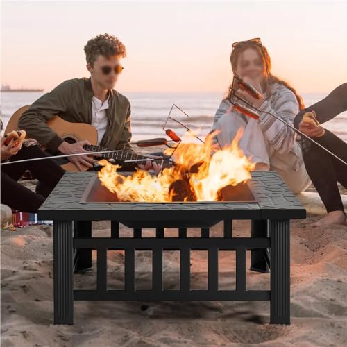 Outdoor Wood Burning Fire Pit, 32 Inch Square Metal Firepit for Outside, Multifunctional Bonfire Fire Pits Table with Mesh Lid and Poker for Backyard Heating, Garden, Patio, Camping, Black
