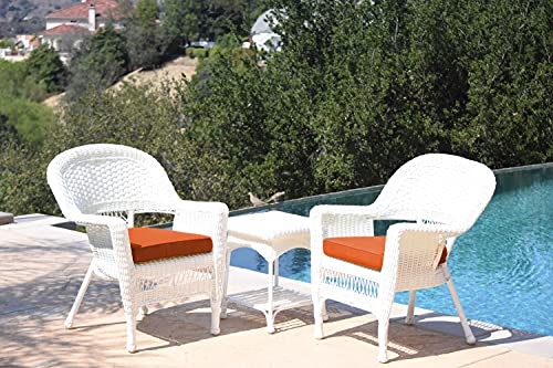 Jeco 3 Piece Wicker End Table Set with with Orange Chair Cushion, White