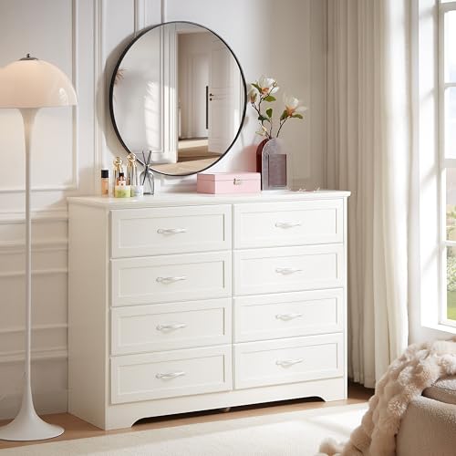 Goujxcy Modern 8 Drawer Dresser for Bedroom, White Dresser Chest of Drawers w/Metal Handles, Double Wood Dresser Closet Organizer Storage Cabinet for Living Room Bedroom Hallway