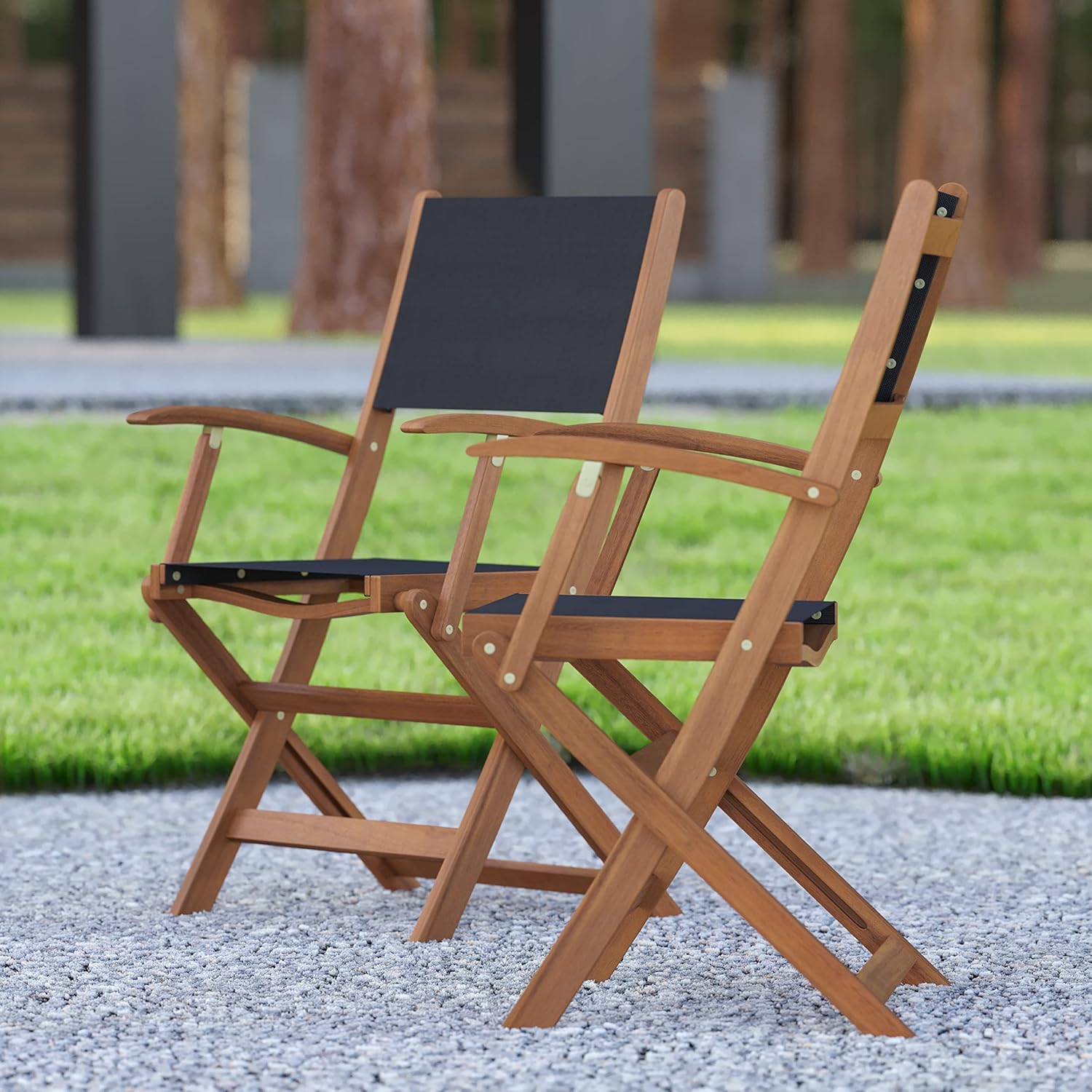 EMMA + OLIVER Kosti Folding Chairs with Arms - Natural Acacia Wood - Textilene Mesh Seat and Back - Weather Resistant - 275 lbs. Static Weight Capacity - Set of Two