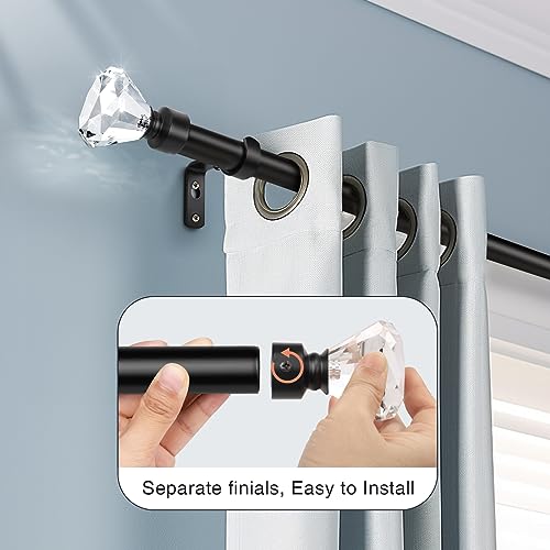 KNOBWELL 1 Inch Curtain Rods with Crystal Diamond Finials, 22 to 42 Inches, Drapery Pole for Window Treatment, Satin Nickel Cafe Window Rods