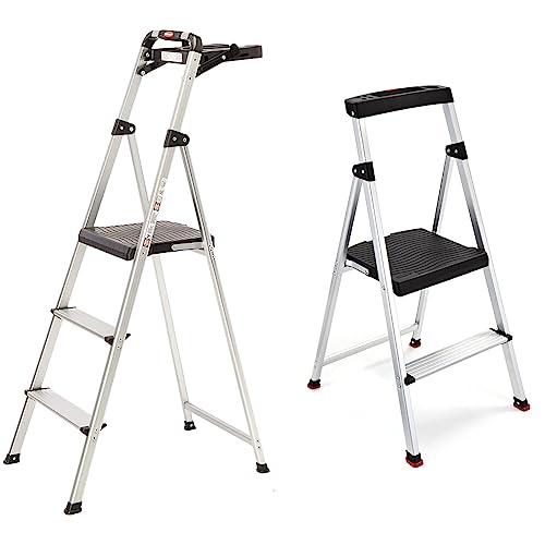 Rubbermaid RM-SLA3-T 3-Step Lightweight Aluminum Folding Step Ladder with Project Tray, 225 lb Capacity, Gray