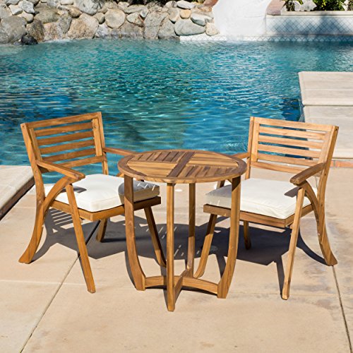 Christopher Knight Home 3-Piece Acacia Wood Bistro Set and 16-Inch Acacia Wood Side Table, Teak Finish