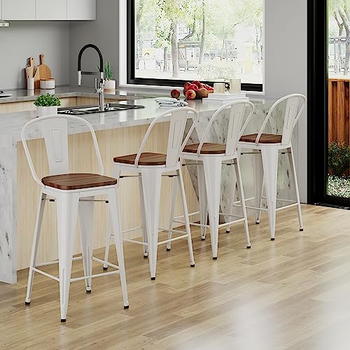 Andeworld Metal Bar Stools Counter Height Stools Dining Chairs High Back Industrial Barstools Set of 4 （30 inch, Cream White）