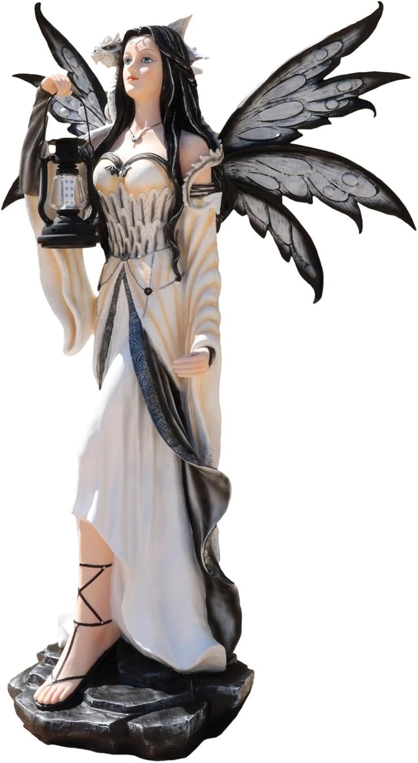 Ebros Gift Large 4 Feet Spell Caster Winter Snow White Fairy with White Dragon and Solar LED Lantern Light Statue Faery Garden Fantasy Fairies and Pixies Collection